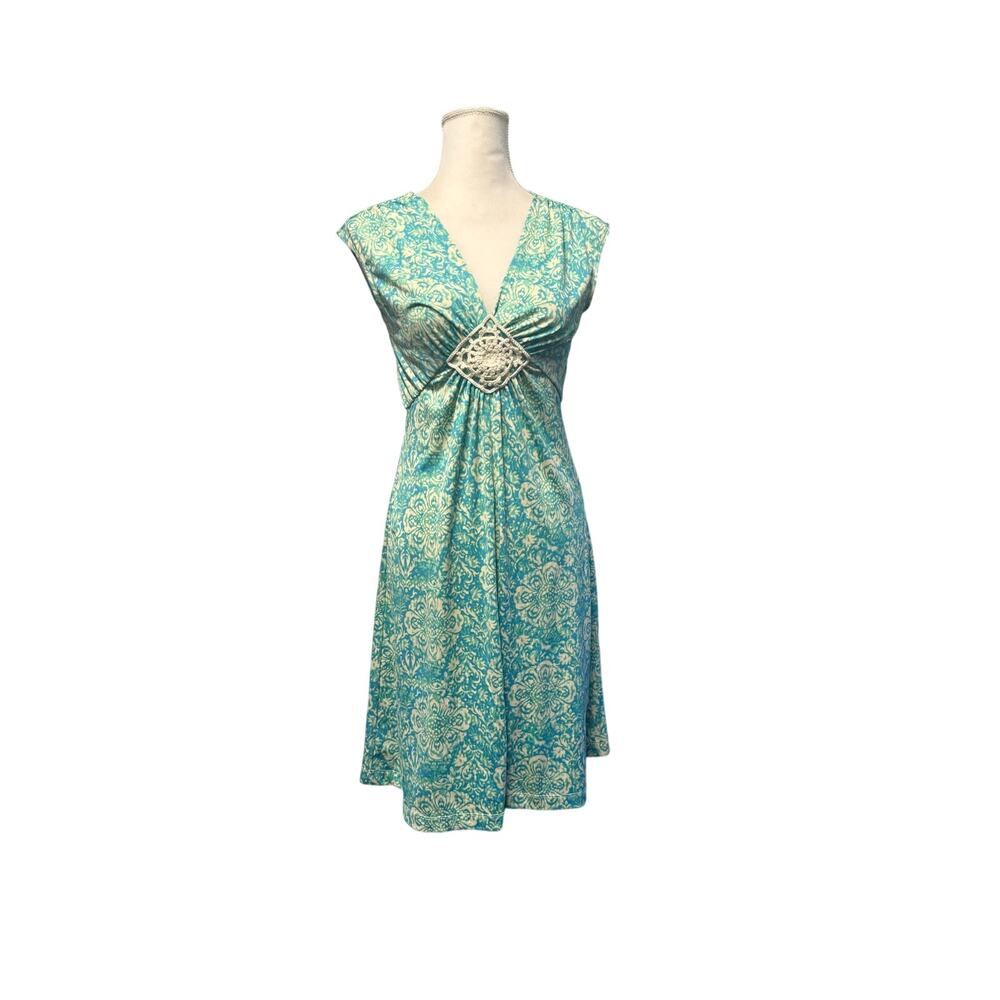 Jonathan Martin Floral V-Neck Sleeveless Stretch Knit Dress Sz Small Blue Multi